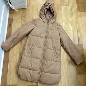 levi’s faux leather long hooded water resistant puffer